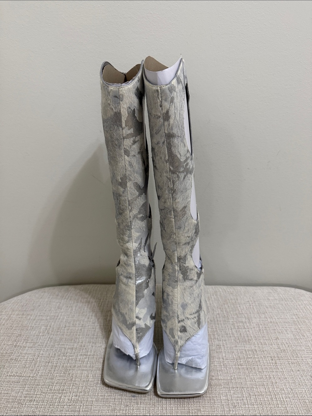 Jeffrey Campbell Silver and White Cutout Knee-High Sandals